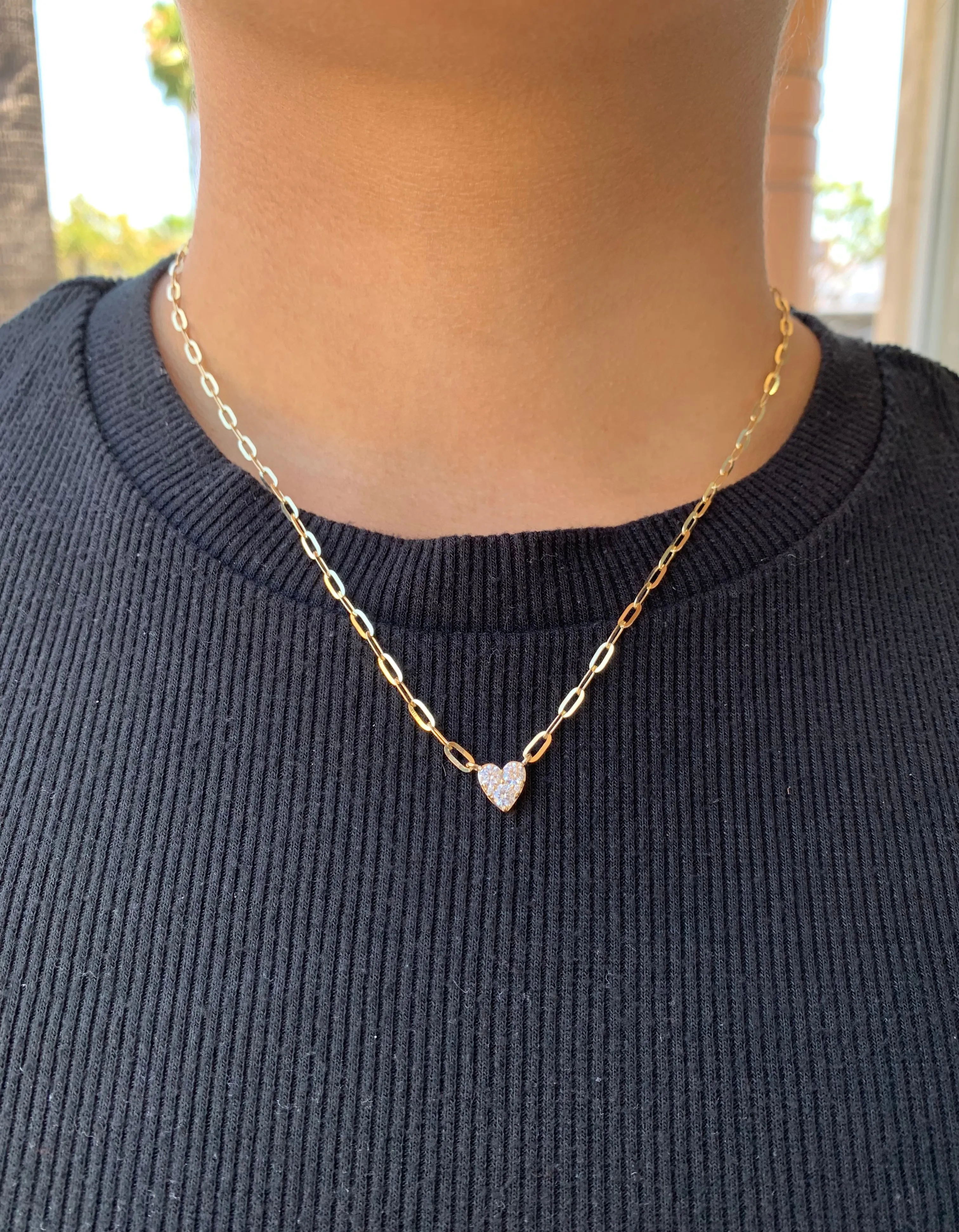 14k Gold Paperclip 3-Round Heart Diamond Necklace