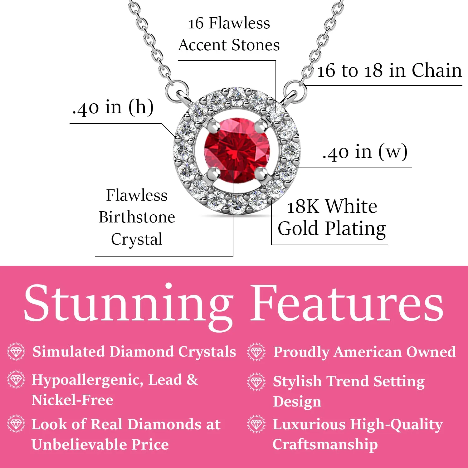 Royal 18k White Gold Plated Birthstone Halo Necklace with Round Cut Crystals